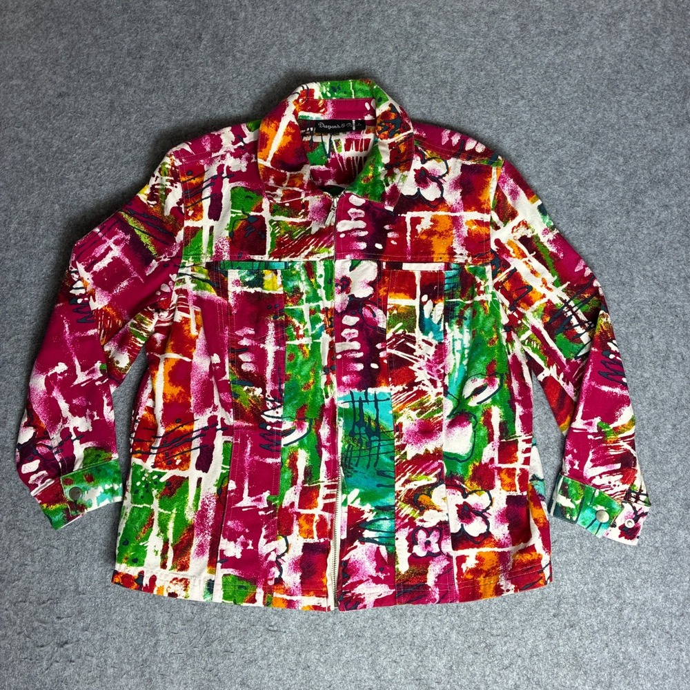 Diamonds & Pearls Womens Abstract Floral Zip Up Jacket Multicolor Art Wear M